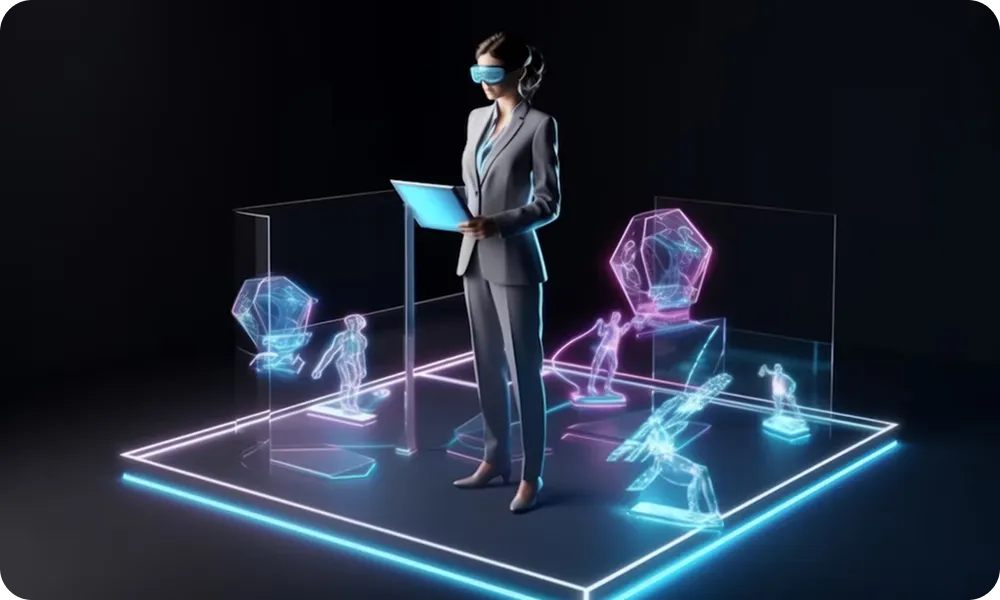 image (6) future is ai driven. female professional wearing AR head gear while holding a table